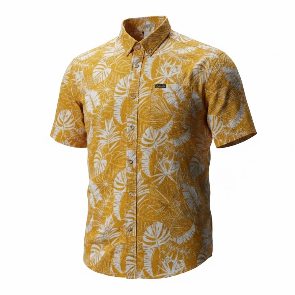 Columbia Mens Regular Fit Tropical Leaf Button Down Shirt Yellow AM0094 Large